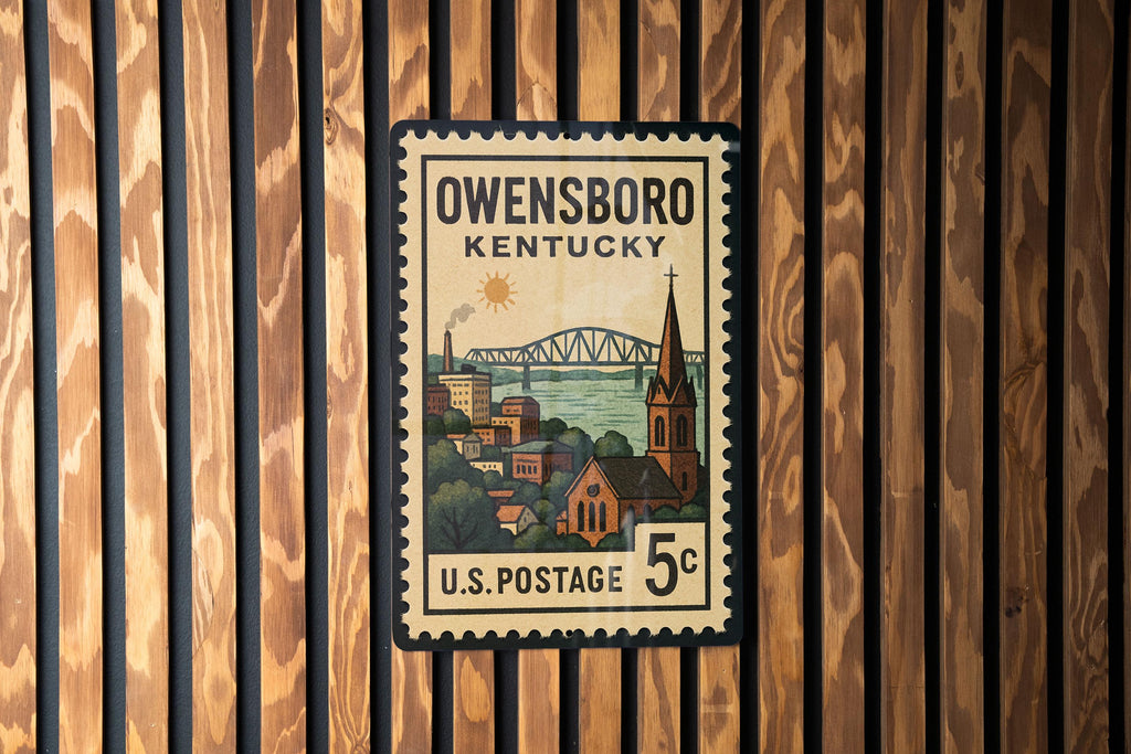 Owensboro Kentucky Metal Sign Featuring Retro Postage Stamp Design with Cityscape and Local Landmarks — photo 2