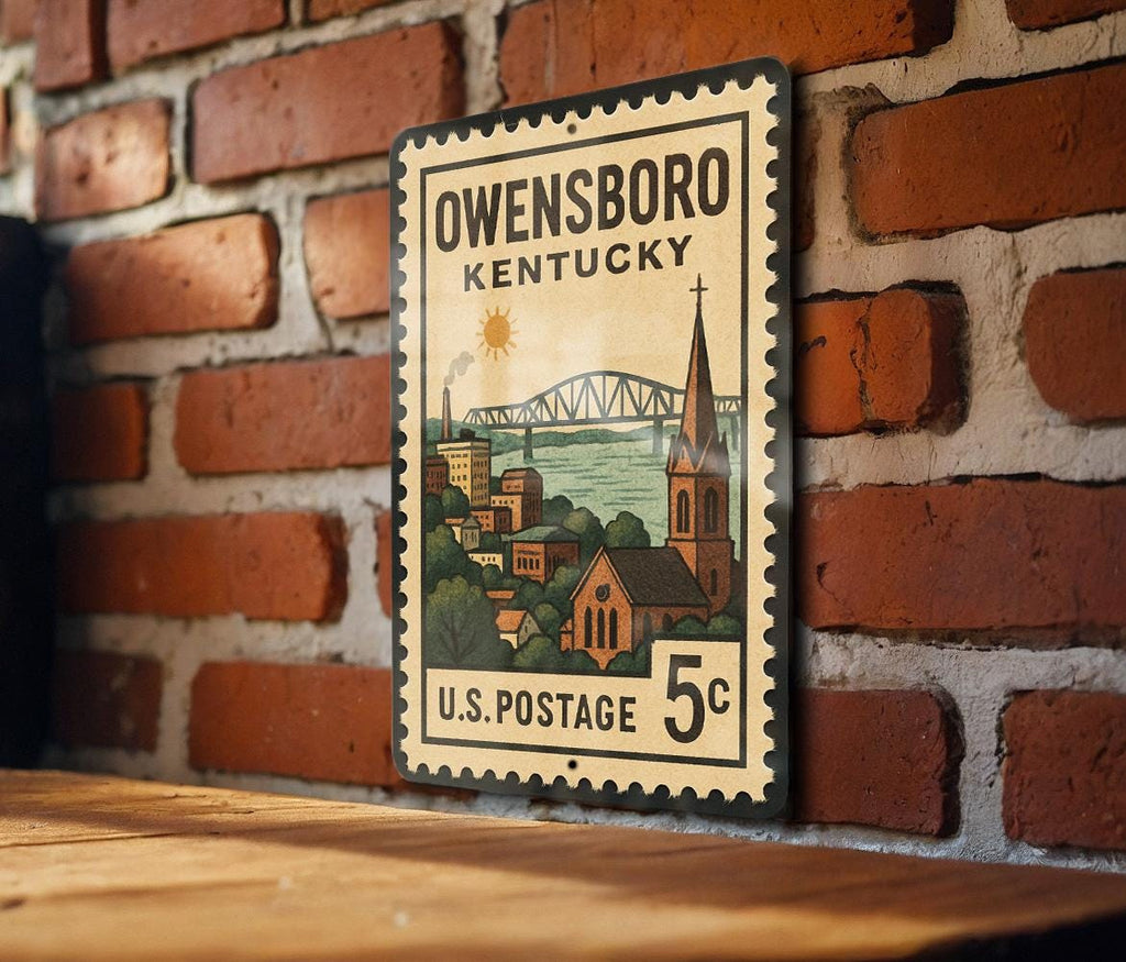 Owensboro Kentucky Metal Sign Featuring Retro Postage Stamp Design with Cityscape and Local Landmarks — photo 3