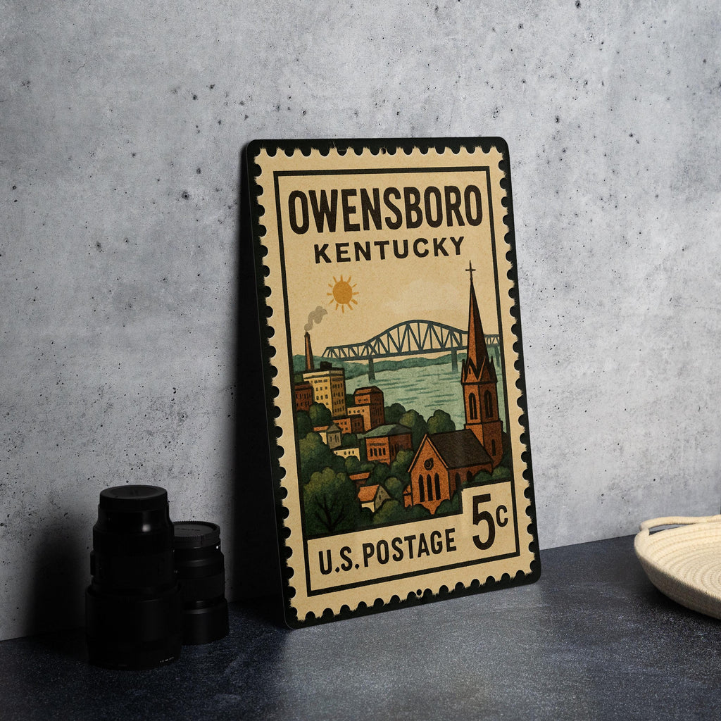Owensboro Kentucky Metal Sign Featuring Retro Postage Stamp Design with Cityscape and Local Landmarks — photo 4