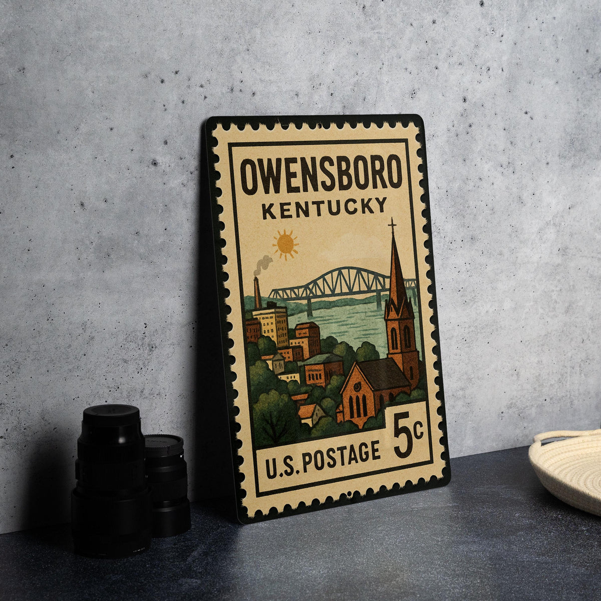 Owensboro Kentucky Metal Sign Featuring Retro Postage Stamp Design with Cityscape and Local Landmarks — photo 4