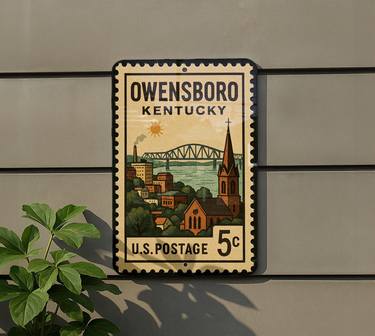 Owensboro Kentucky Metal Sign Featuring Retro Postage Stamp Design with Cityscape and Local Landmarks — photo 5