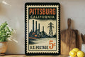 Pittsburg California Metal Sign – Retro Postage Stamp Design Featuring Iconic City Landmarks and Coastal Theme Decor — photo 1