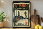 Pittsburg California Metal Sign – Retro Postage Stamp Design Featuring Iconic City Landmarks and Coastal Theme Decor — photo 1