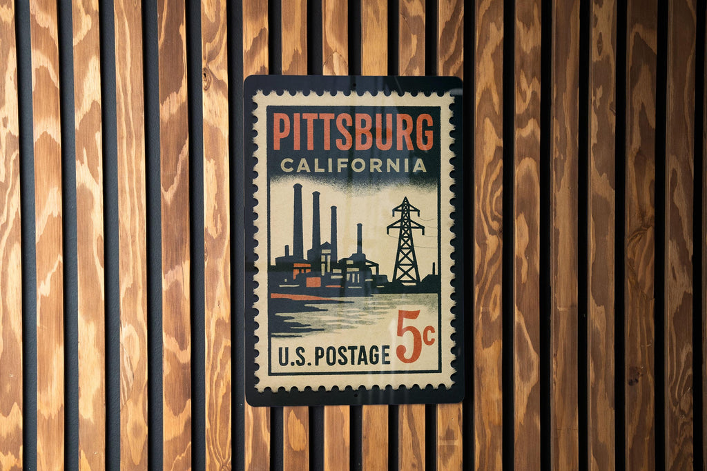 Pittsburg California Metal Sign – Retro Postage Stamp Design Featuring Iconic City Landmarks and Coastal Theme Decor — photo 2