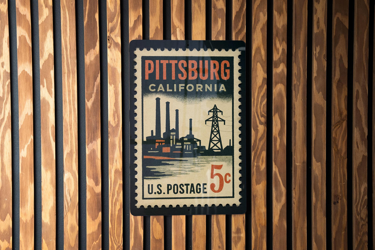 Pittsburg California Metal Sign – Retro Postage Stamp Design Featuring Iconic City Landmarks and Coastal Theme Decor — photo 2