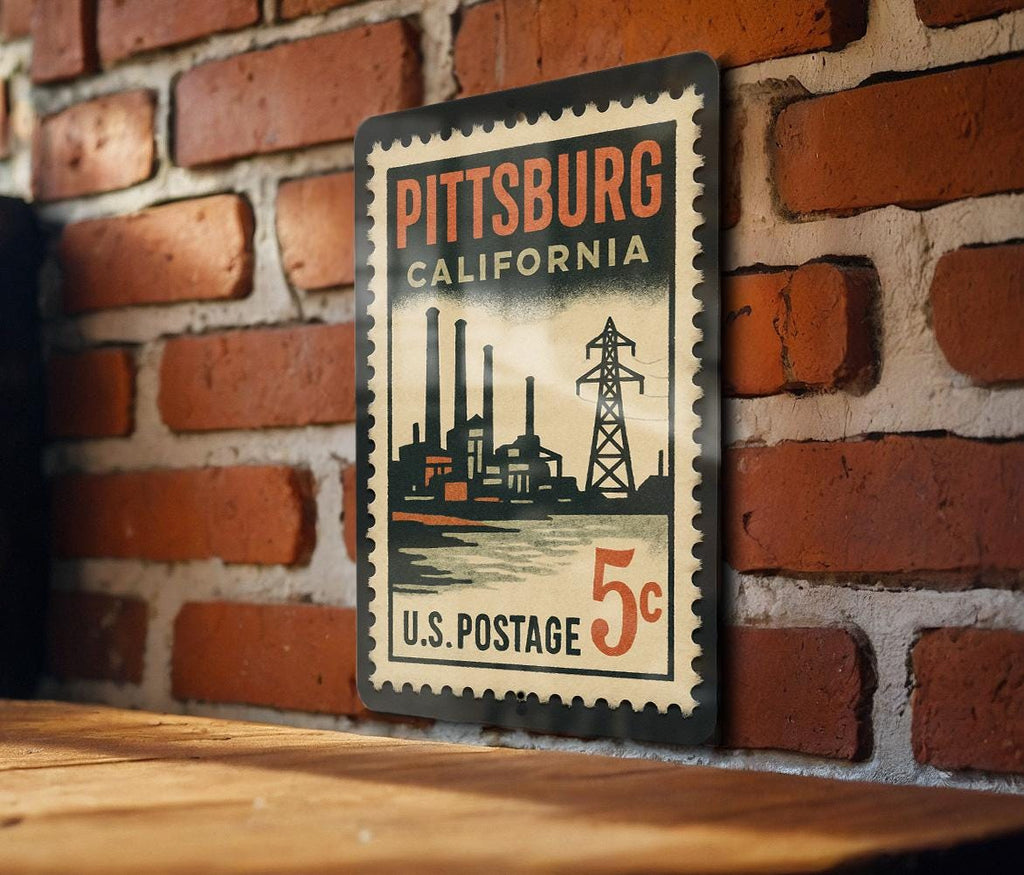 Pittsburg California Metal Sign – Retro Postage Stamp Design Featuring Iconic City Landmarks and Coastal Theme Decor — photo 3