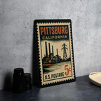Pittsburg California Metal Sign – Retro Postage Stamp Design Featuring Iconic City Landmarks and Coastal Theme Decor — photo 4