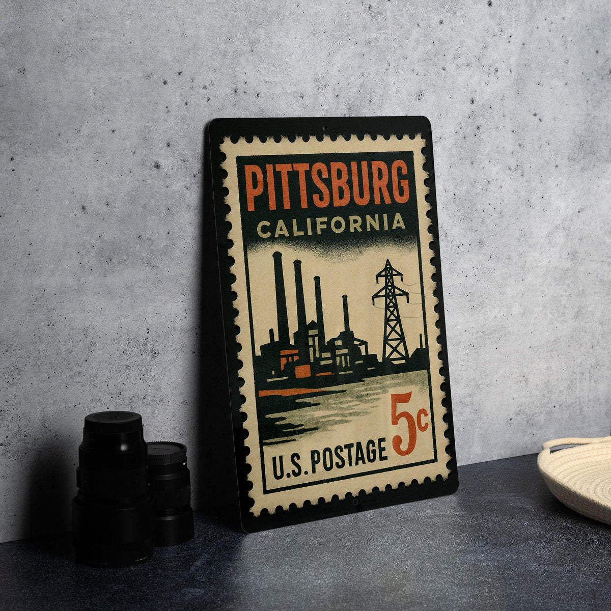 Pittsburg California Metal Sign – Retro Postage Stamp Design Featuring Iconic City Landmarks and Coastal Theme Decor — photo 4