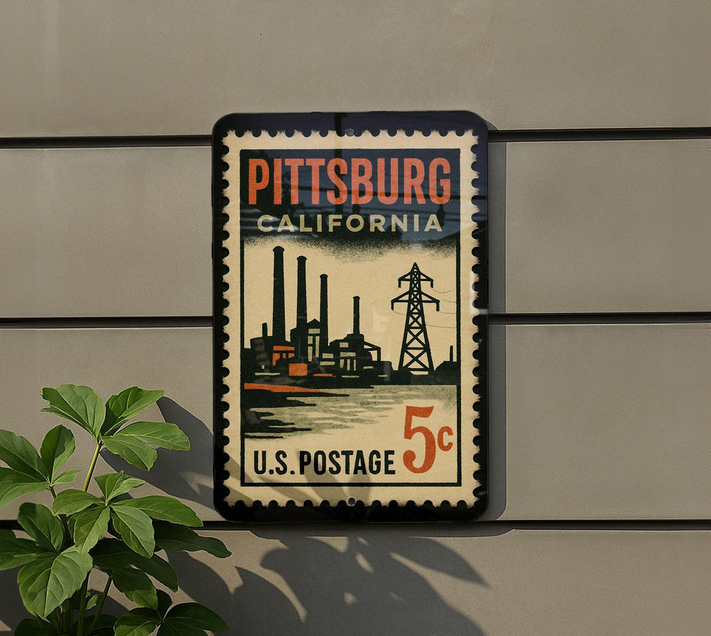 Pittsburg California Metal Sign – Retro Postage Stamp Design Featuring Iconic City Landmarks and Coastal Theme Decor — photo 5