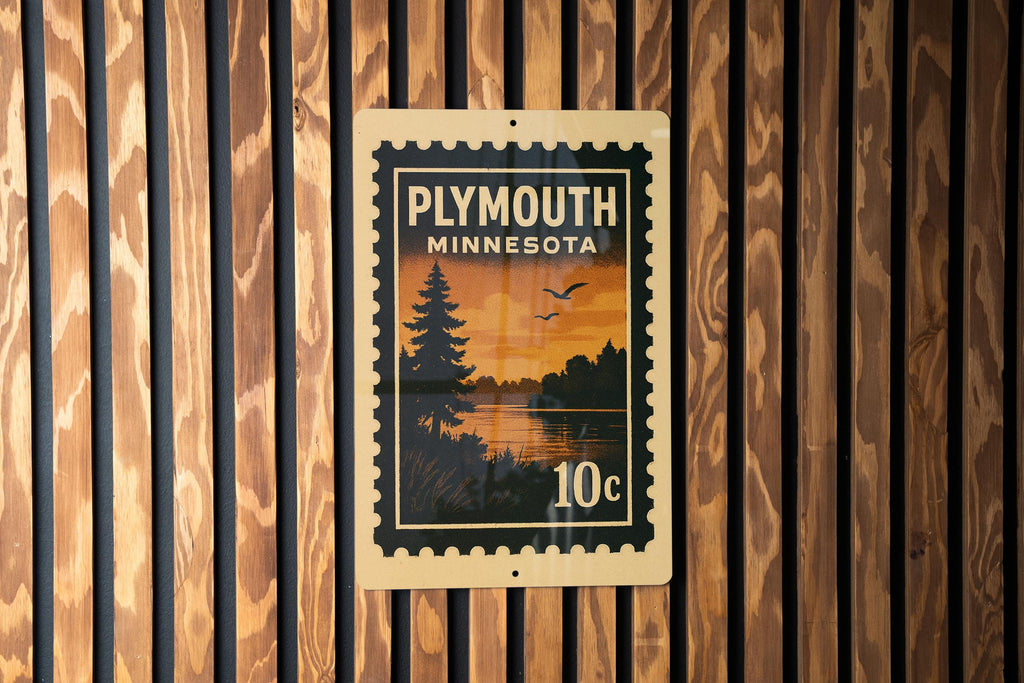 Plymouth Minnesota Metal Sign Featuring Retro Postage Stamp Design of Cityscape and Landmarks — photo 1