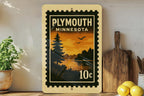 Plymouth Minnesota Metal Sign Featuring Retro Postage Stamp Design of Cityscape and Landmarks — photo 2