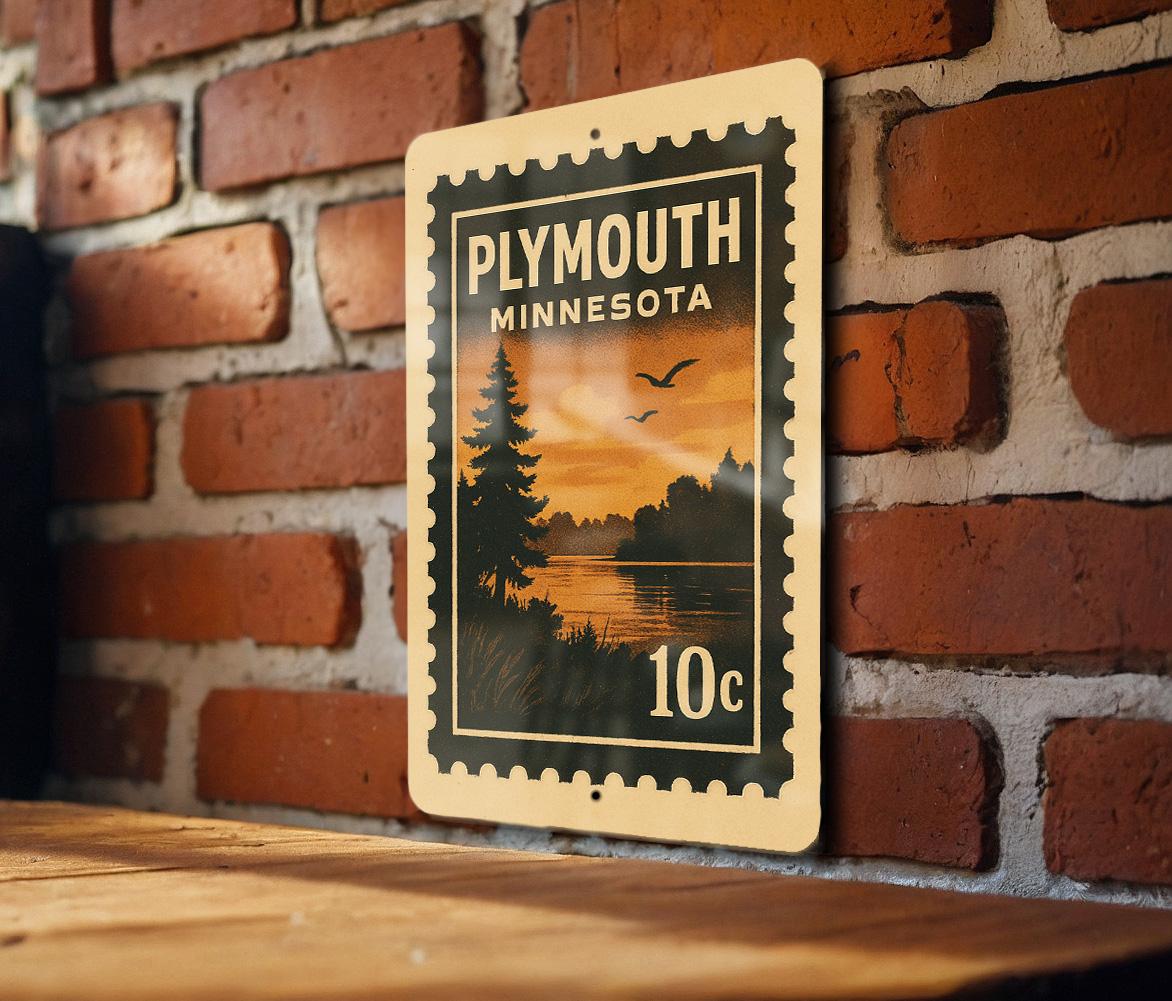 Plymouth Minnesota Metal Sign Featuring Retro Postage Stamp Design of Cityscape and Landmarks — photo 3