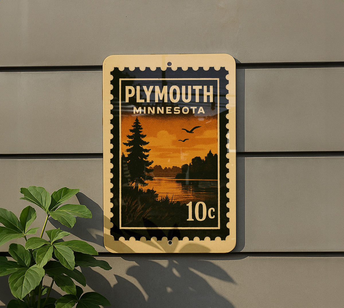 Plymouth Minnesota Metal Sign Featuring Retro Postage Stamp Design of Cityscape and Landmarks — photo 5