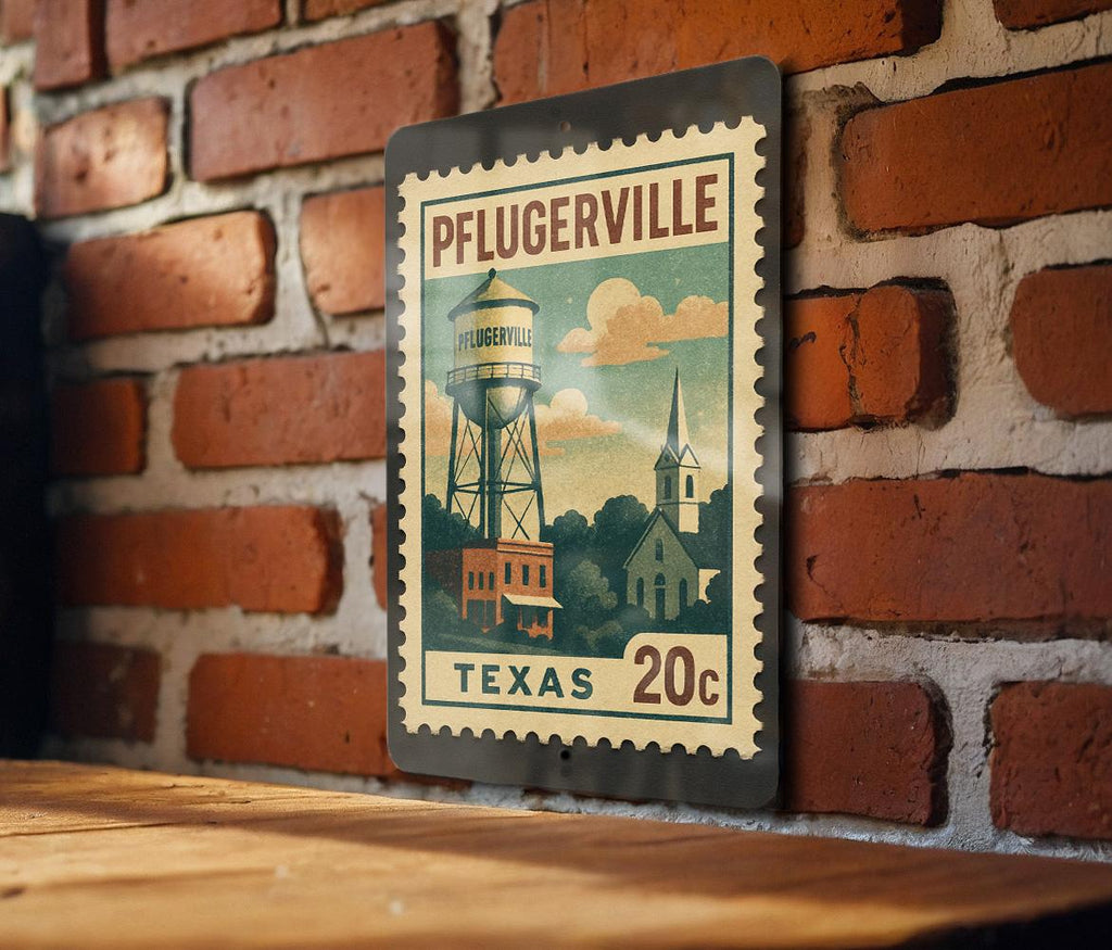 Pflugerville Texas Metal Sign – Retro Postage Stamp Design Featuring Texas Town Name and Scenic Local Elements — photo 1