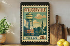 Pflugerville Texas Metal Sign – Retro Postage Stamp Design Featuring Texas Town Name and Scenic Local Elements — photo 2