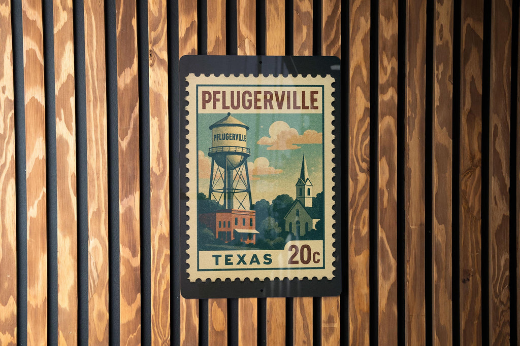 Pflugerville Texas Metal Sign – Retro Postage Stamp Design Featuring Texas Town Name and Scenic Local Elements — photo 3