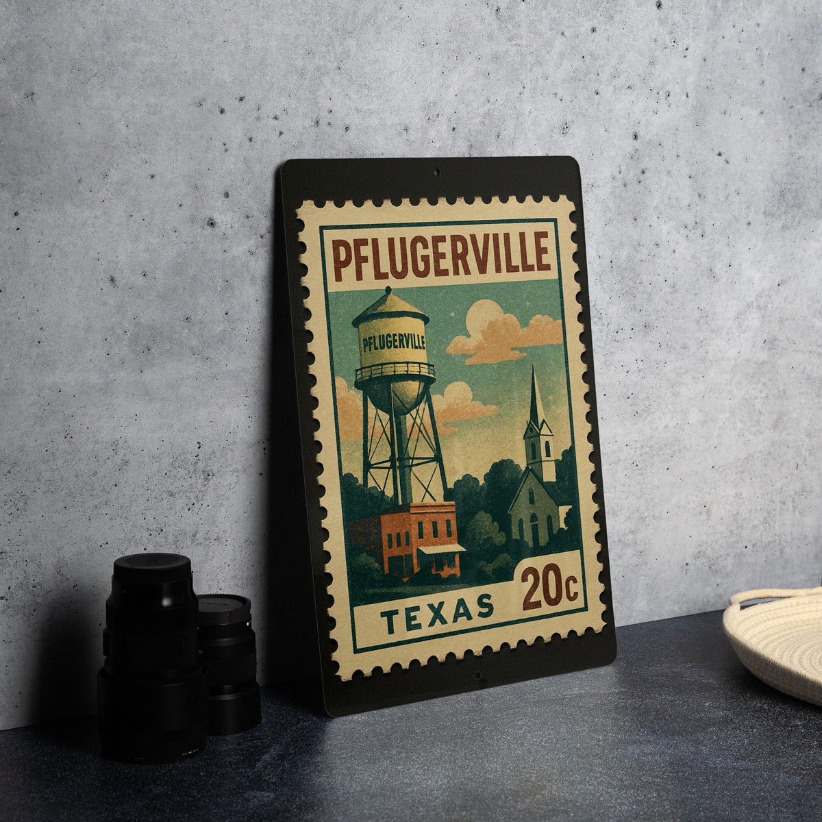 Pflugerville Texas Metal Sign – Retro Postage Stamp Design Featuring Texas Town Name and Scenic Local Elements — photo 4