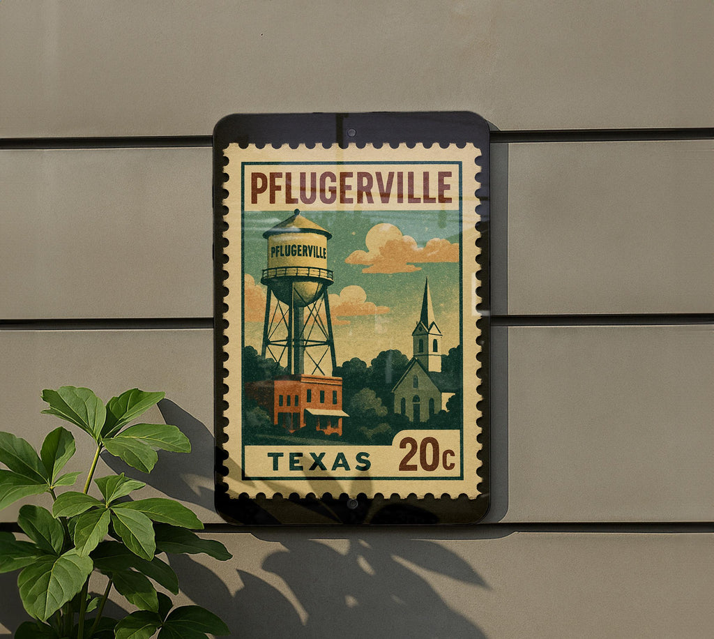 Pflugerville Texas Metal Sign – Retro Postage Stamp Design Featuring Texas Town Name and Scenic Local Elements — photo 5