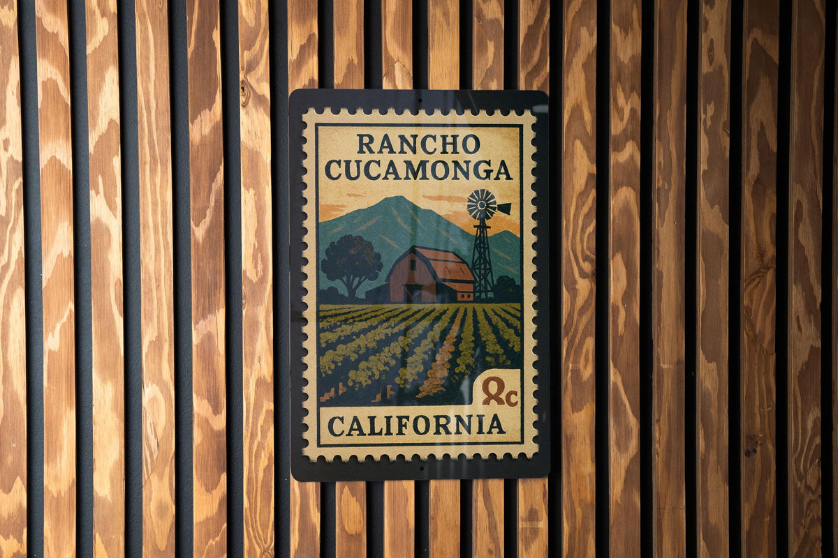 Rancho Cucamonga California Metal Sign – Retro Postage Stamp Design Featuring City Name and Vintage Travel Theme — photo 3