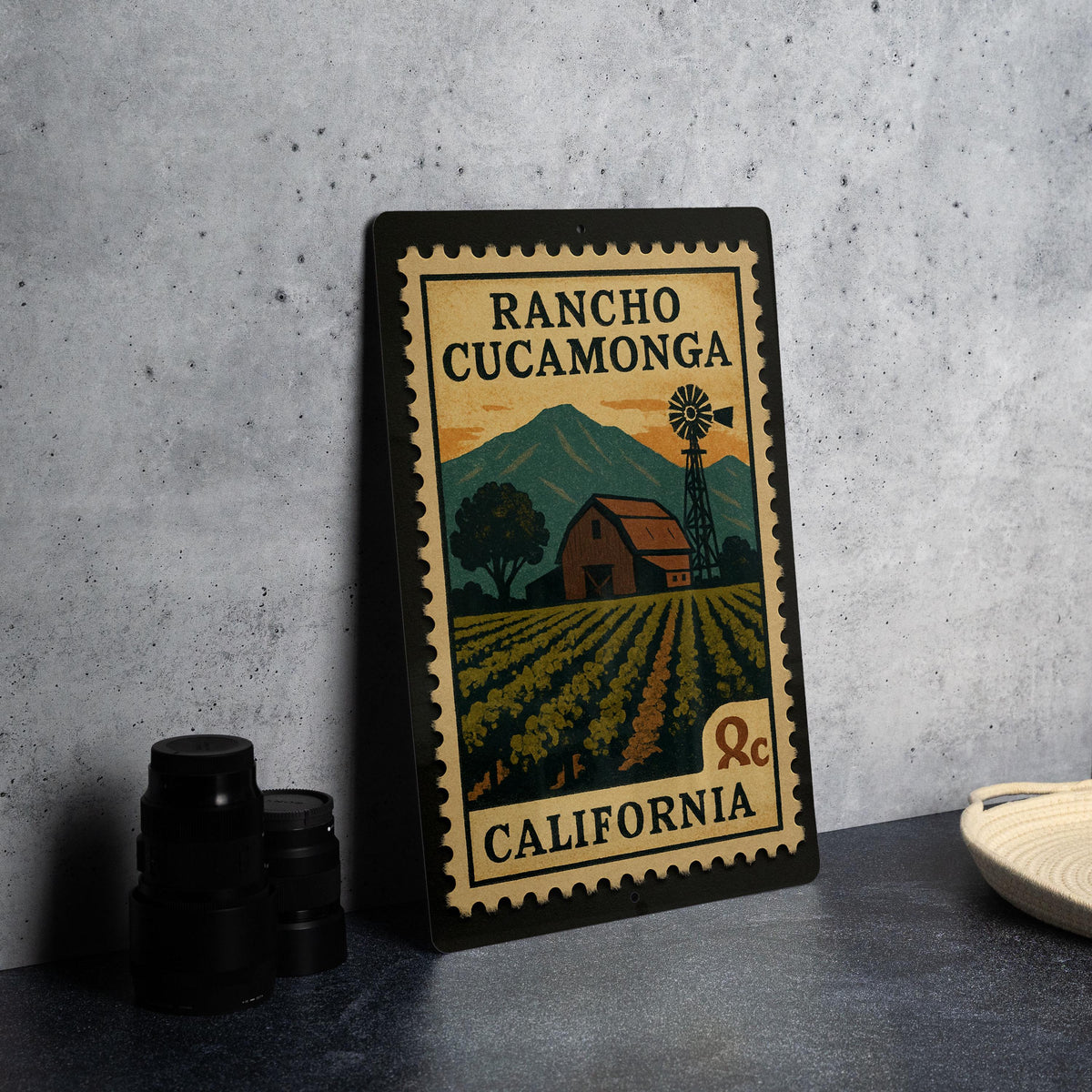 Rancho Cucamonga California Metal Sign – Retro Postage Stamp Design Featuring City Name and Vintage Travel Theme — photo 4