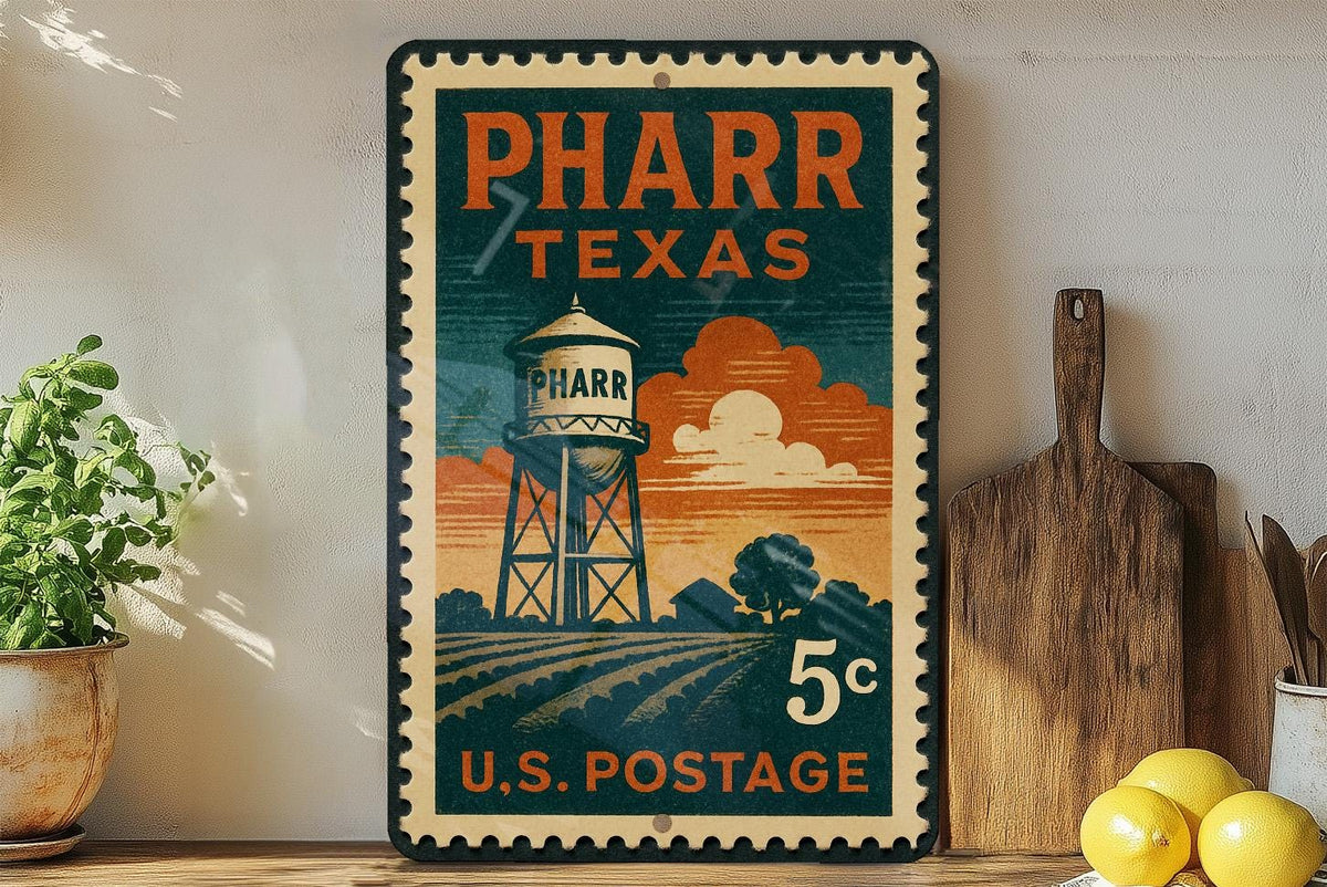 Pharr Texas Metal Sign Featuring Retro Postage Stamp Design with City Skyline and Landmark Imagery — photo 1