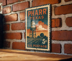 Pharr Texas Metal Sign Featuring Retro Postage Stamp Design with City Skyline and Landmark Imagery — photo 2