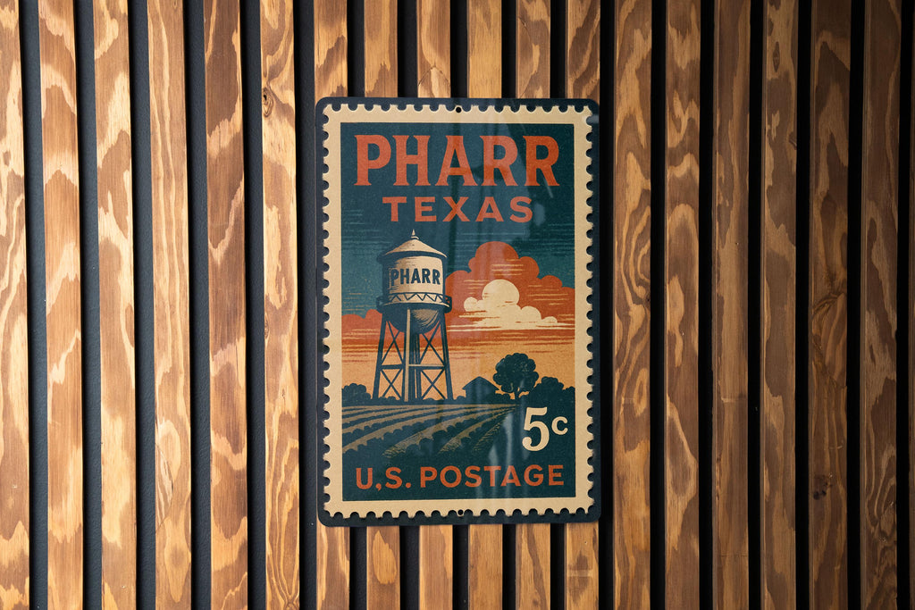 Pharr Texas Metal Sign Featuring Retro Postage Stamp Design with City Skyline and Landmark Imagery — photo 3