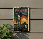 Pharr Texas Metal Sign Featuring Retro Postage Stamp Design with City Skyline and Landmark Imagery — photo 5