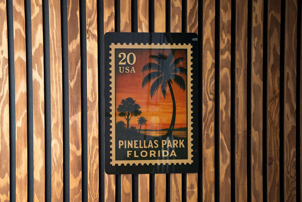 Pinellas Park Florida Metal Sign Featuring Retro Postage Stamp Design with Cityscape and Local Landmarks — photo 1