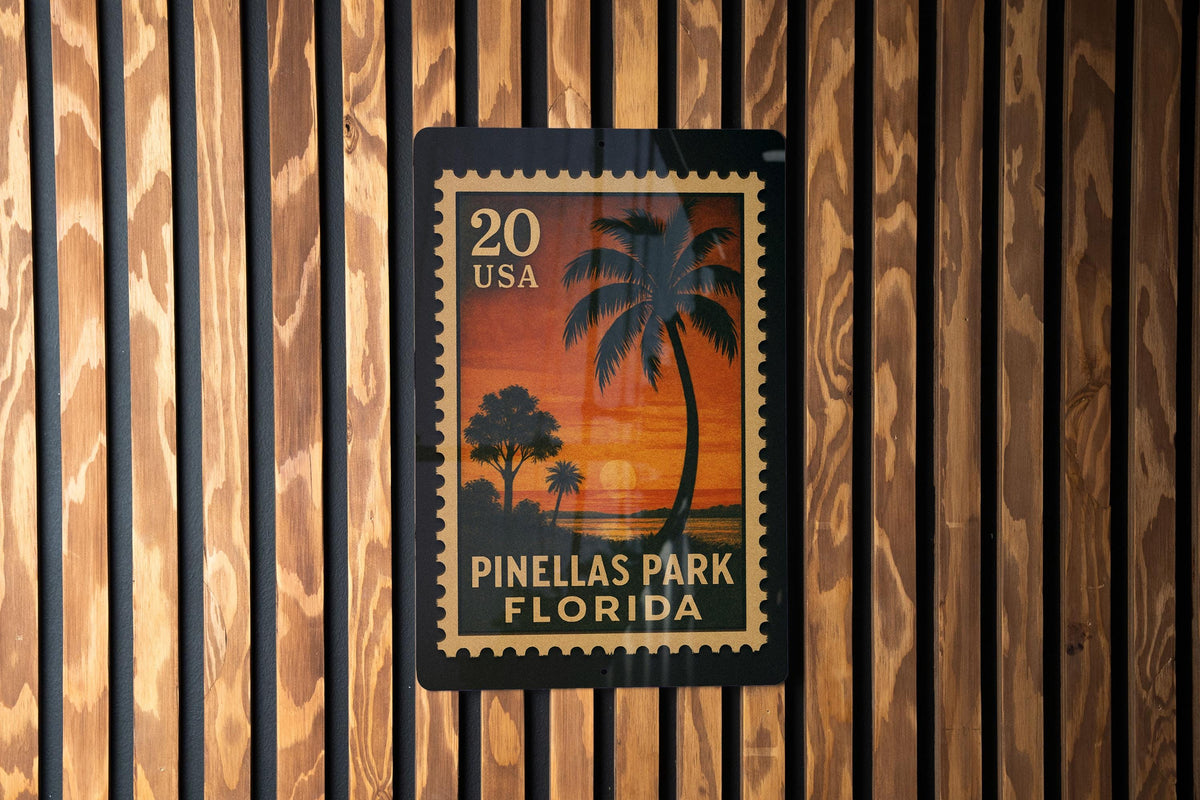 Pinellas Park Florida Metal Sign Featuring Retro Postage Stamp Design with Cityscape and Local Landmarks — photo 1