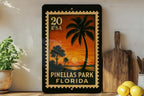 Pinellas Park Florida Metal Sign Featuring Retro Postage Stamp Design with Cityscape and Local Landmarks — photo 2