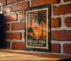 Pinellas Park Florida Metal Sign Featuring Retro Postage Stamp Design with Cityscape and Local Landmarks — photo 3