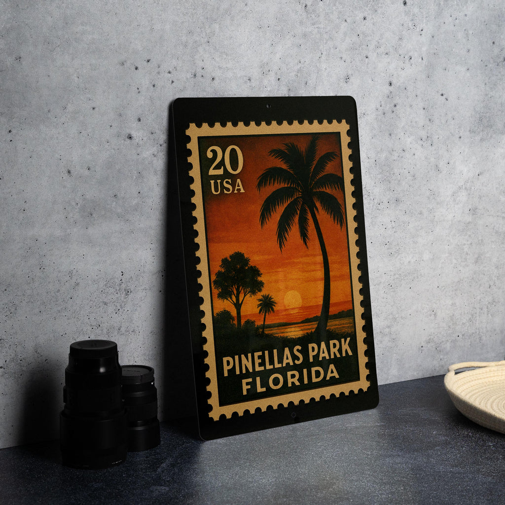 Pinellas Park Florida Metal Sign Featuring Retro Postage Stamp Design with Cityscape and Local Landmarks — photo 4