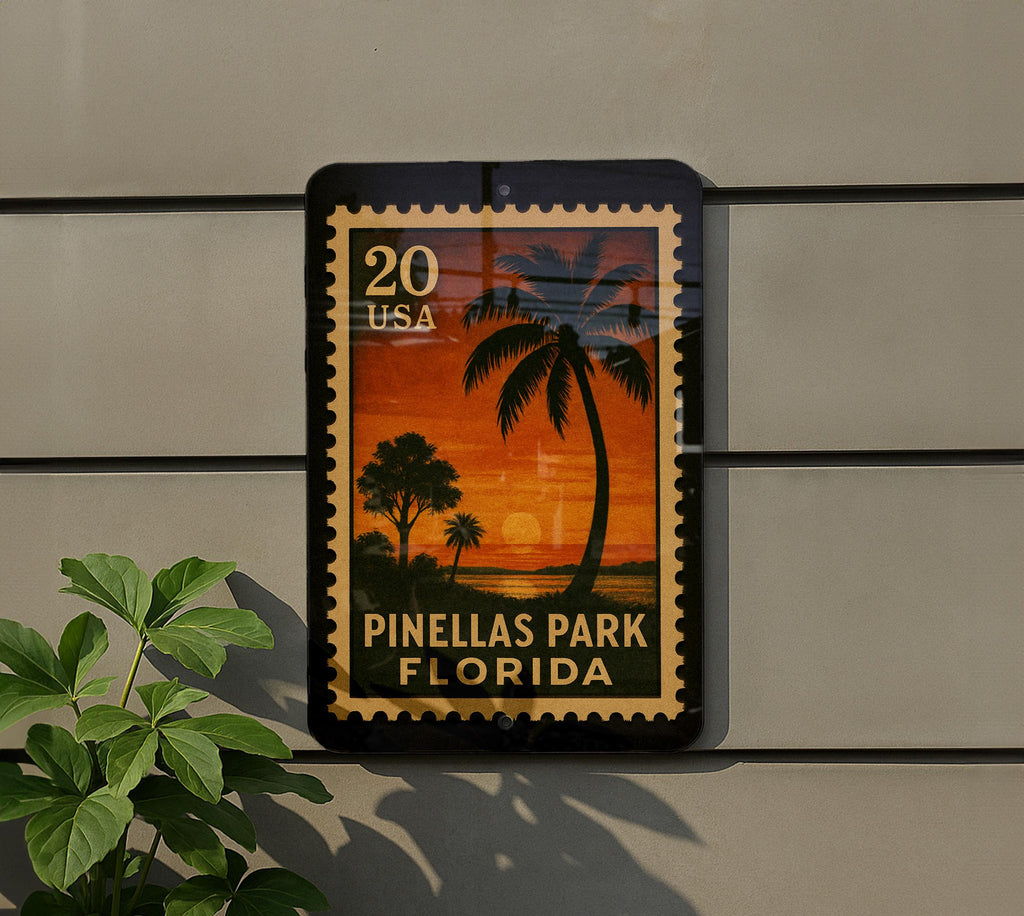 Pinellas Park Florida Metal Sign Featuring Retro Postage Stamp Design with Cityscape and Local Landmarks — photo 5