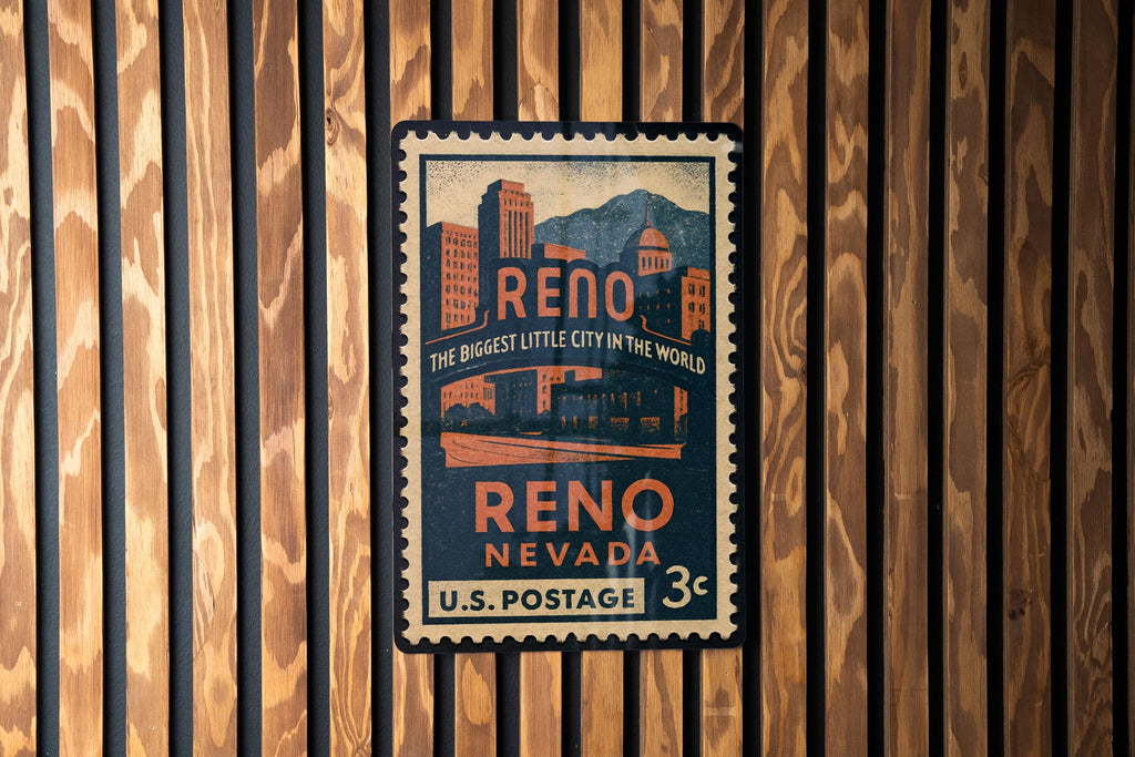 Reno Nevada Metal Sign – Vintage Postage Stamp Design Featuring City Landmarks and Scenic Views — photo 1