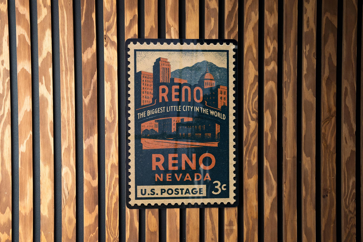 Reno Nevada Metal Sign – Vintage Postage Stamp Design Featuring City Landmarks and Scenic Views — photo 1