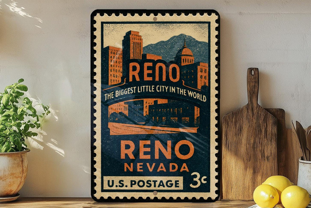 Reno Nevada Metal Sign – Vintage Postage Stamp Design Featuring City Landmarks and Scenic Views — photo 2