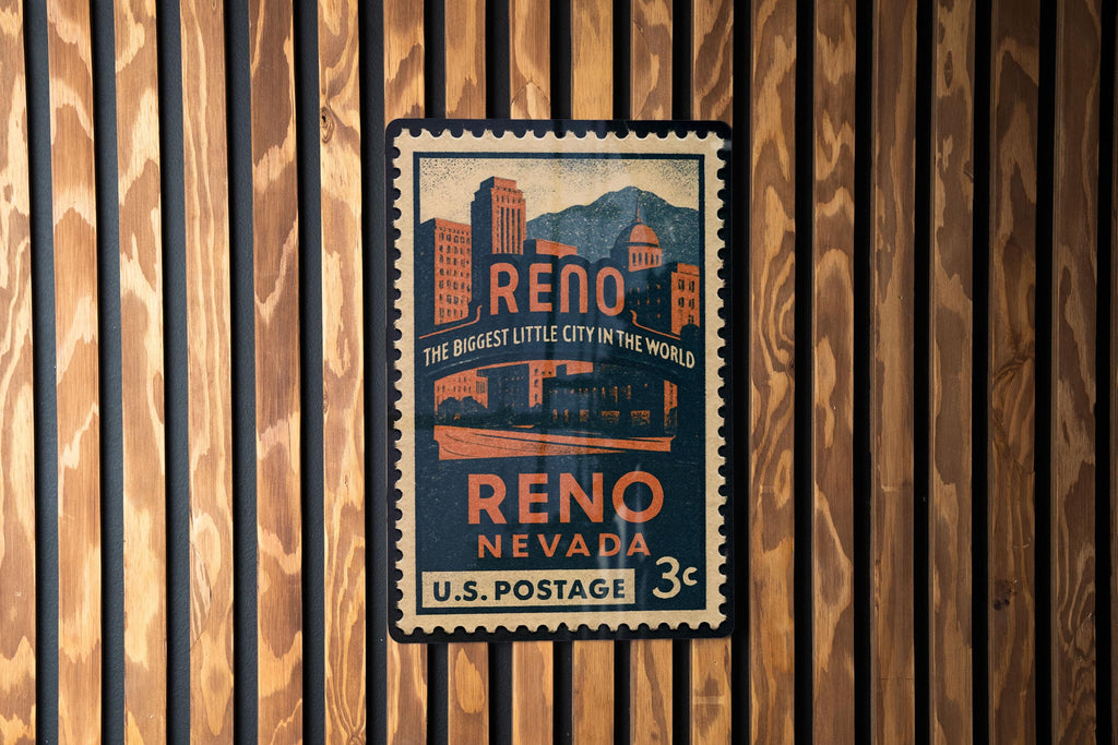 Reno Nevada Metal Sign – Vintage Postage Stamp Design Featuring City Landmarks and Scenic Views — photo 3
