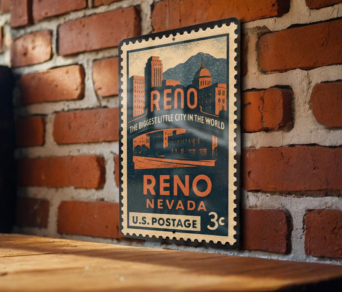 Reno Nevada Metal Sign – Vintage Postage Stamp Design Featuring City Landmarks and Scenic Views — photo 4