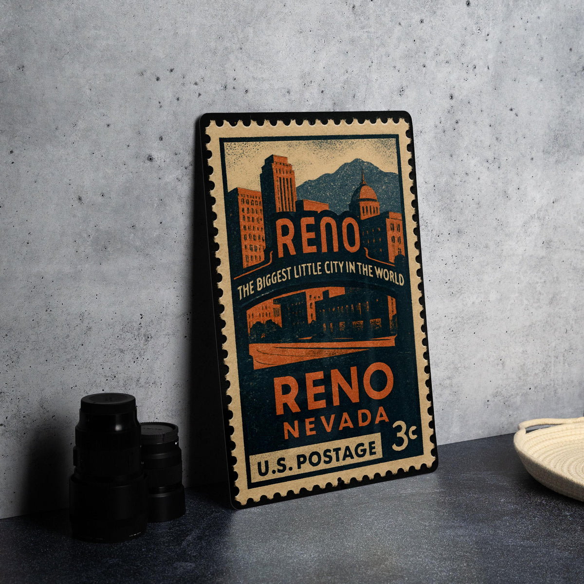 Reno Nevada Metal Sign – Vintage Postage Stamp Design Featuring City Landmarks and Scenic Views — photo 5