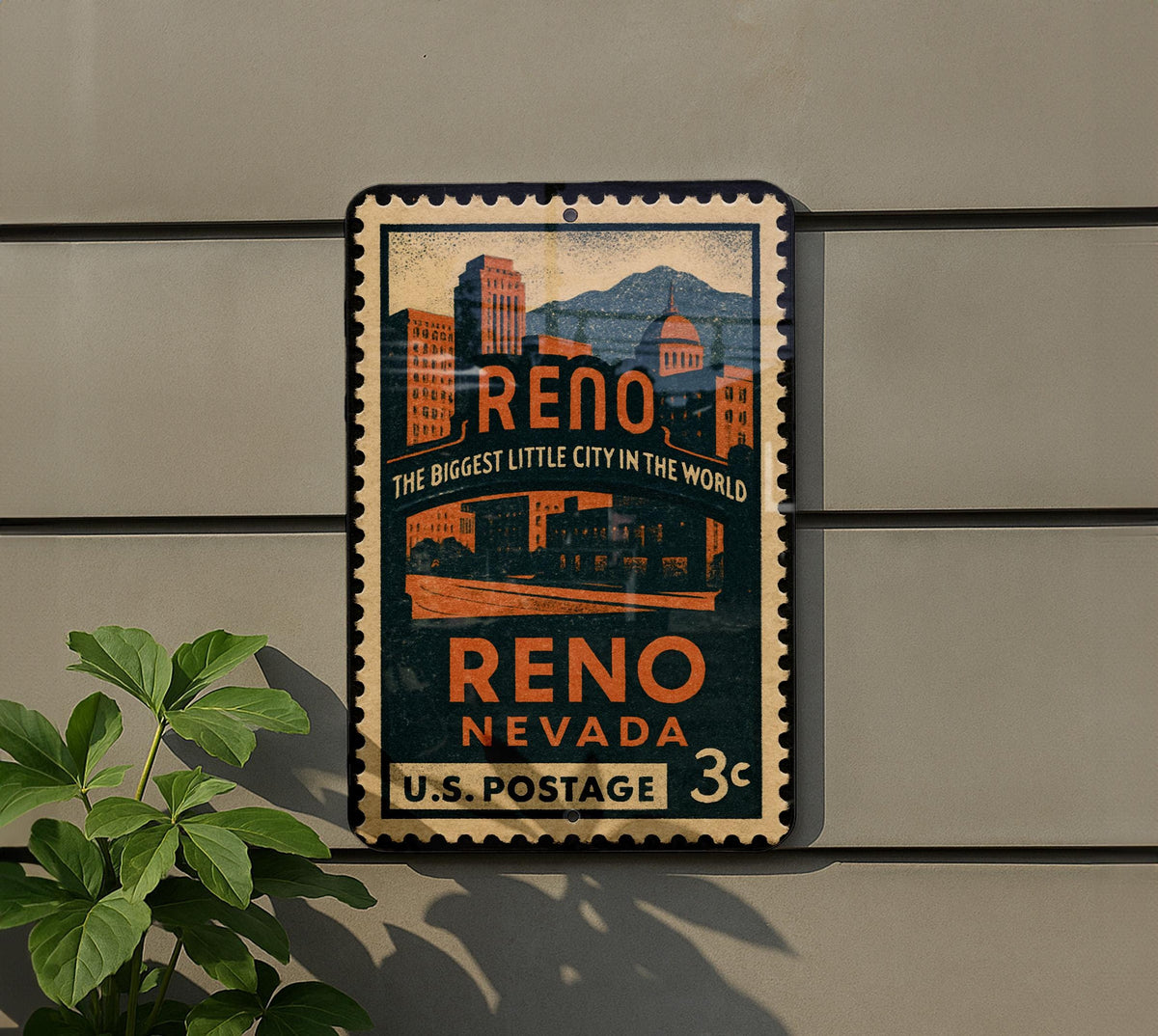 Reno Nevada Metal Sign – Vintage Postage Stamp Design Featuring City Landmarks and Scenic Views — photo 6