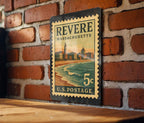 Revere Massachusetts Metal Sign Featuring Retro Postage Stamp Design of Coastal Cityscape and Historic Landmarks — photo 1