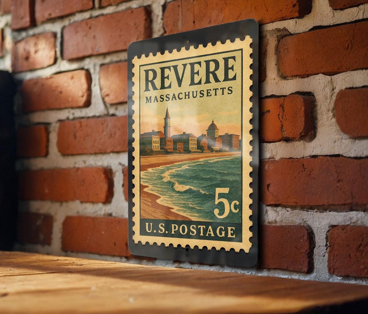 Revere Massachusetts Metal Sign Featuring Retro Postage Stamp Design of Coastal Cityscape and Historic Landmarks — photo 1