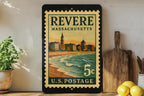 Revere Massachusetts Metal Sign Featuring Retro Postage Stamp Design of Coastal Cityscape and Historic Landmarks — photo 2