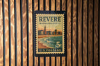 Revere Massachusetts Metal Sign Featuring Retro Postage Stamp Design of Coastal Cityscape and Historic Landmarks — photo 3
