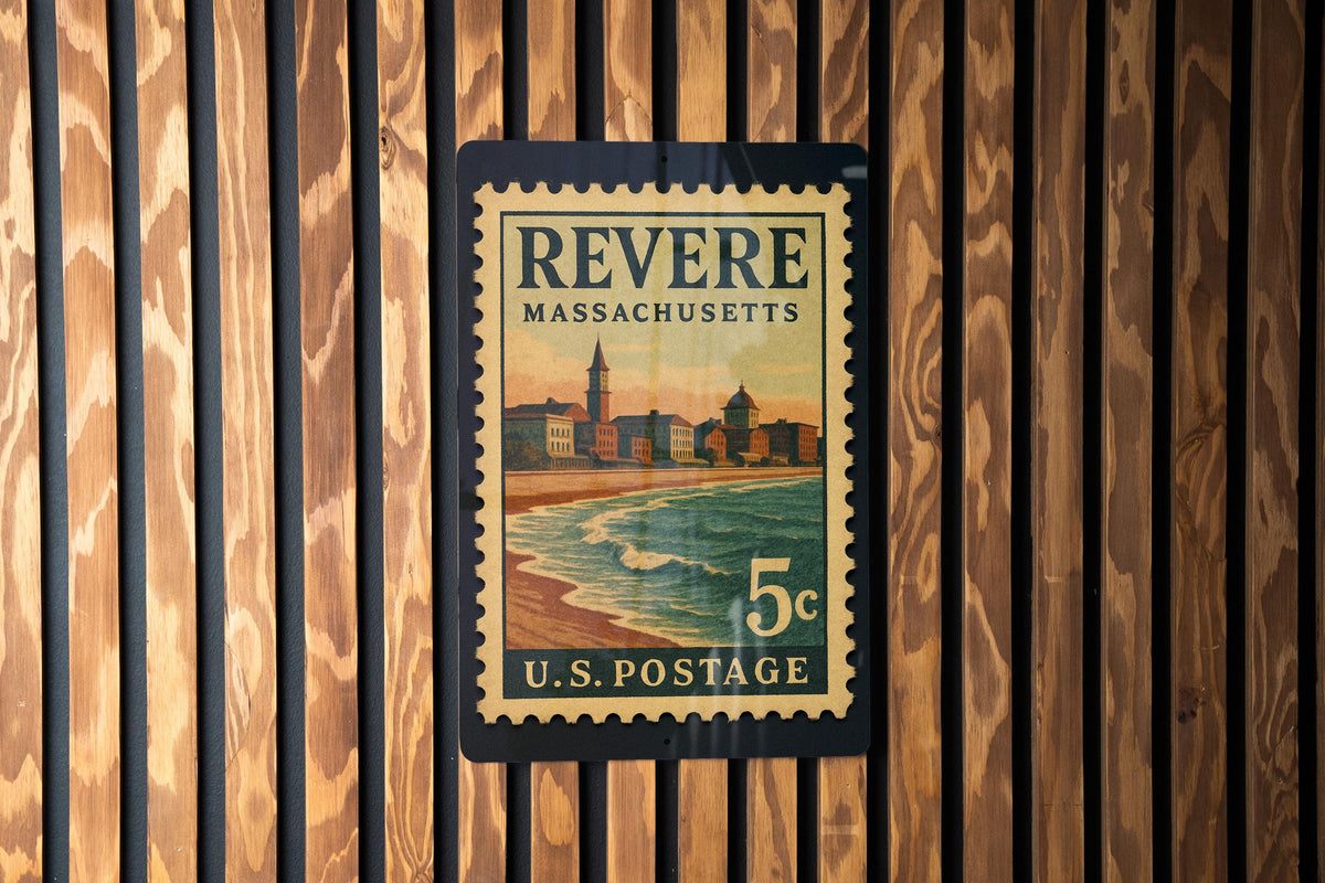 Revere Massachusetts Metal Sign Featuring Retro Postage Stamp Design of Coastal Cityscape and Historic Landmarks — photo 3