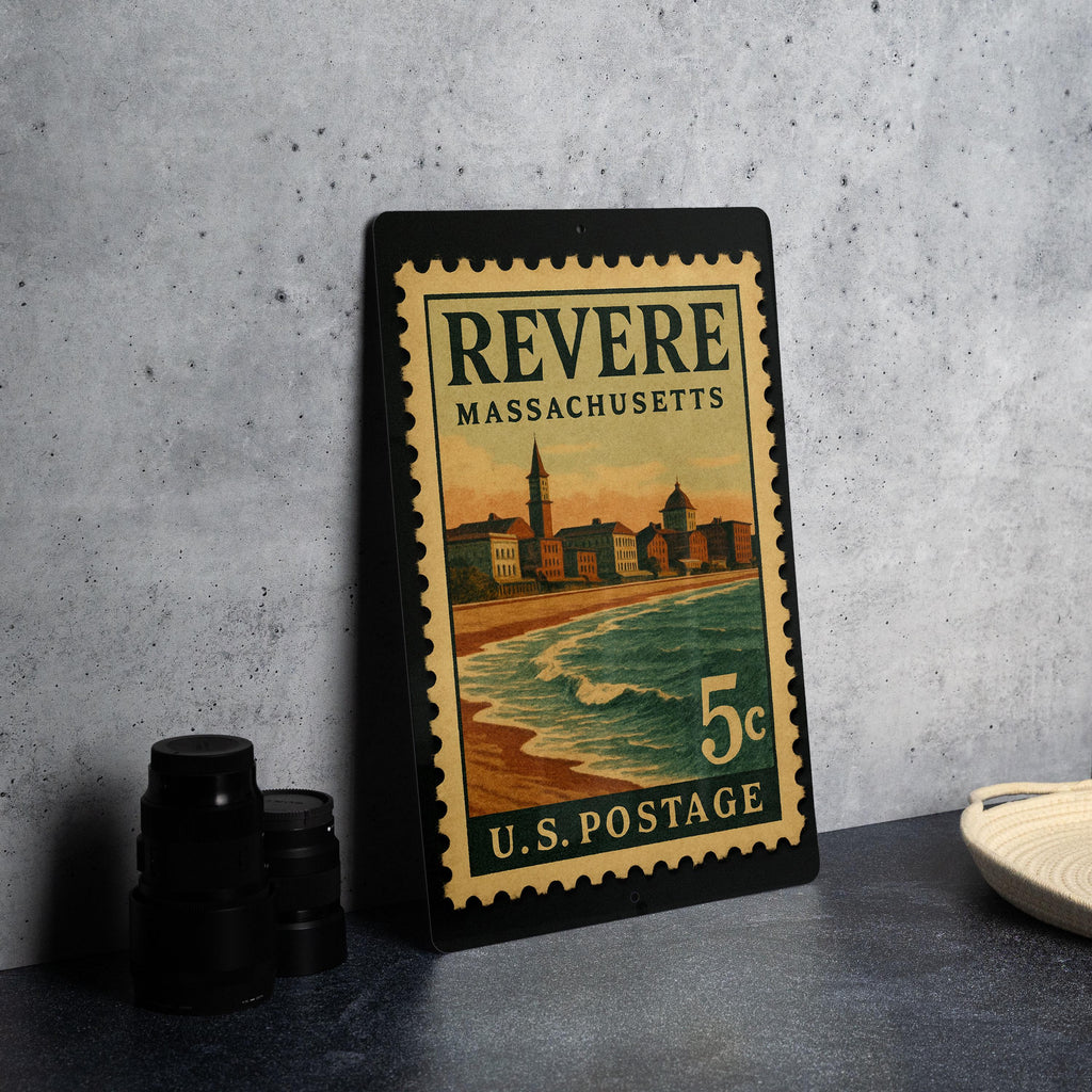Revere Massachusetts Metal Sign Featuring Retro Postage Stamp Design of Coastal Cityscape and Historic Landmarks — photo 4