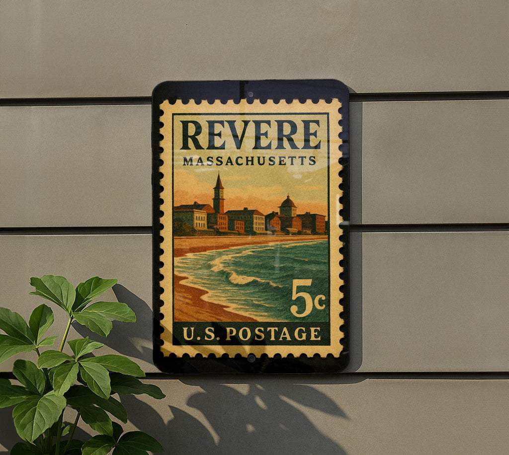 Revere Massachusetts Metal Sign Featuring Retro Postage Stamp Design of Coastal Cityscape and Historic Landmarks — photo 5