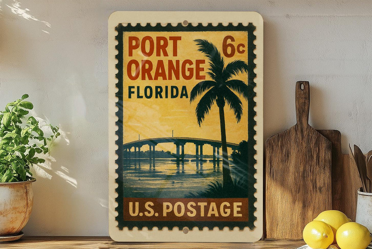 Port Orange Florida Metal Sign – Vintage Postage Stamp Design Featuring Coastal Town Name and Travel Theme Decor — photo 1