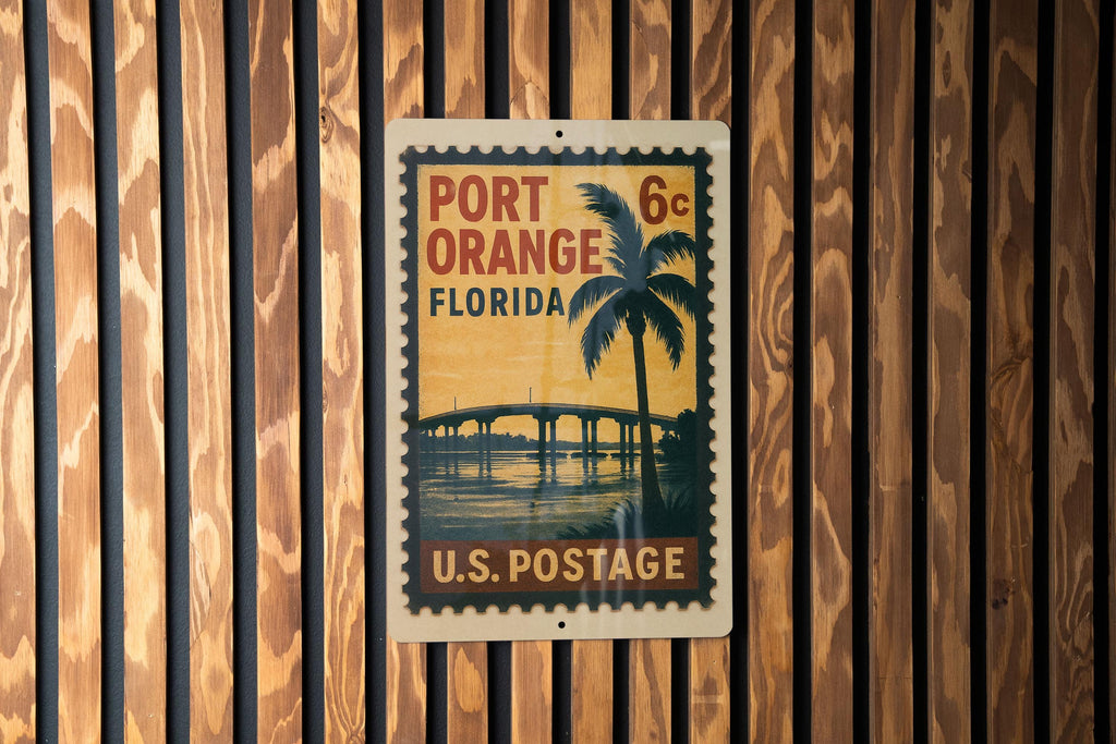 Port Orange Florida Metal Sign – Vintage Postage Stamp Design Featuring Coastal Town Name and Travel Theme Decor — photo 2